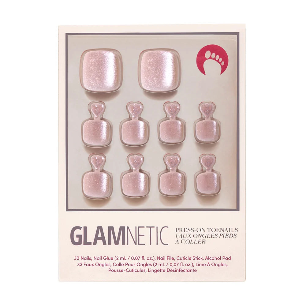 A box of Glamnetic press-on toenails in a soft rose glitter finish.