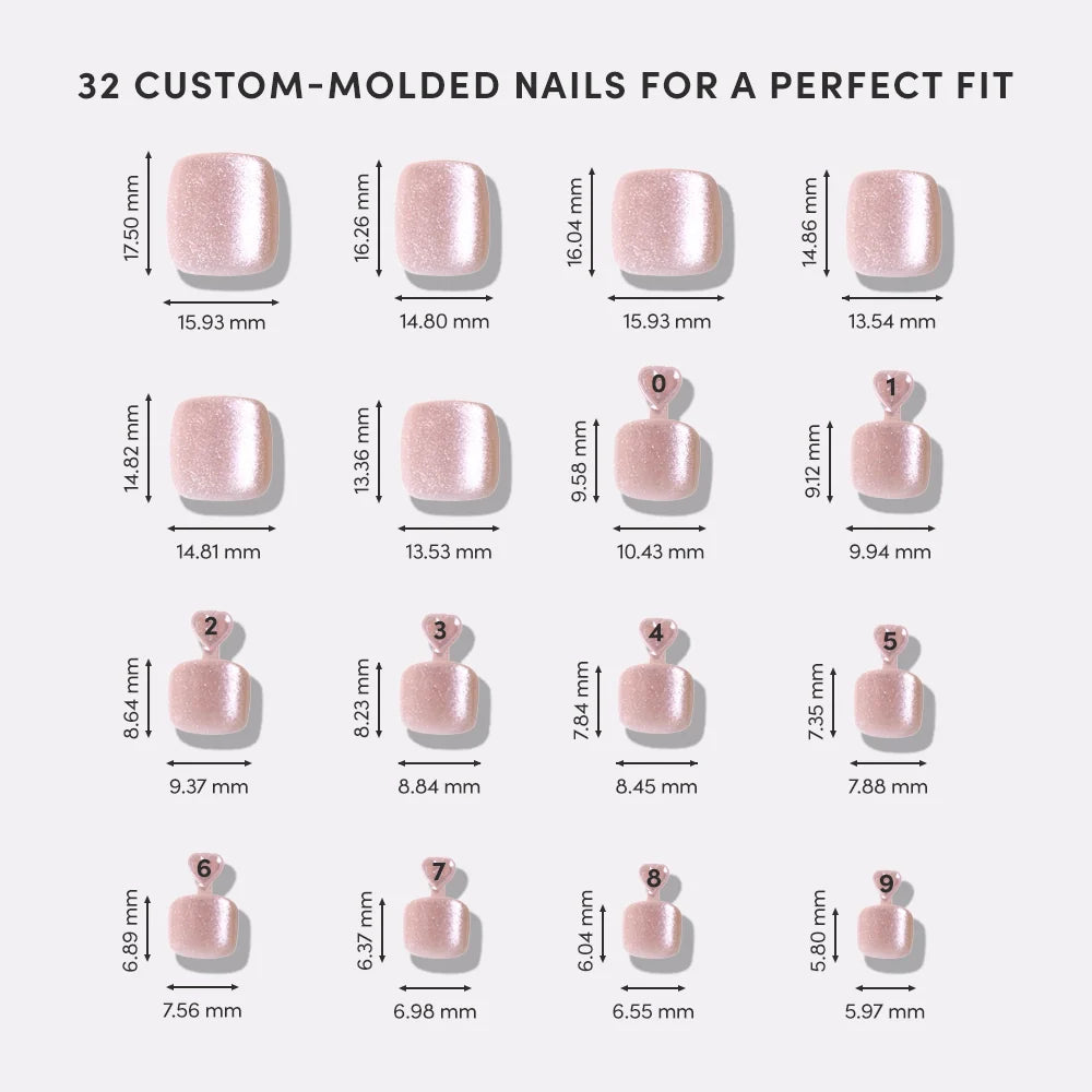 Illustration of 32 custom-molded nails with measurements on a white background