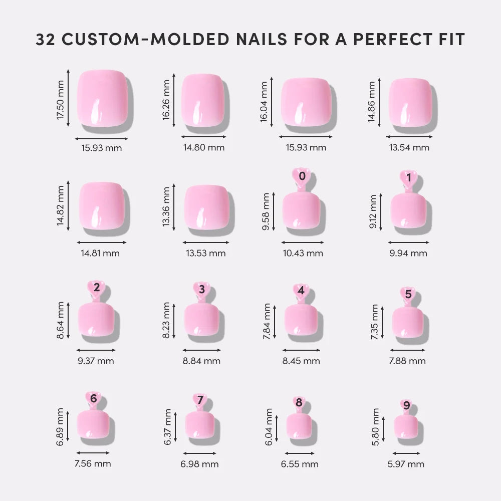 Illustration of pink custom-molded nails with measurements on a white background