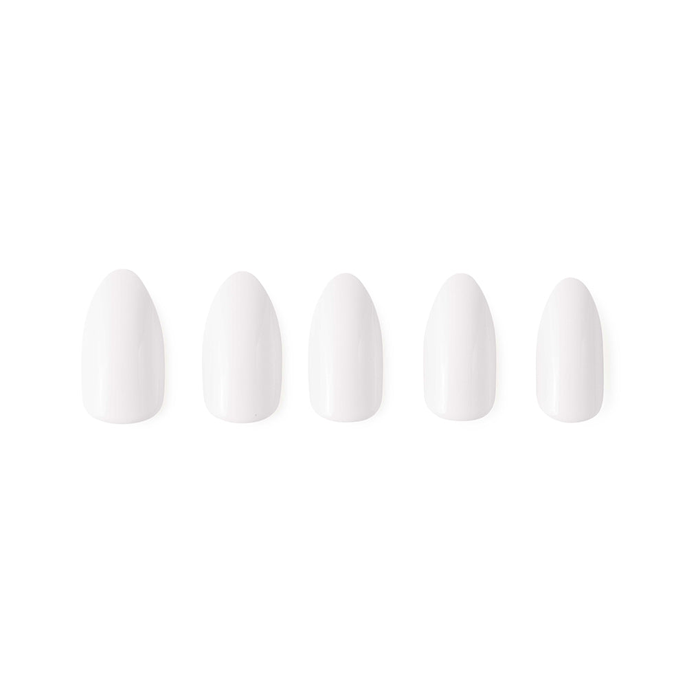 Five Angel artificial fingernails by glamnetic are arranged in a row on a white background, each featuring a smooth, glossy white finish and an elegant almond shape.