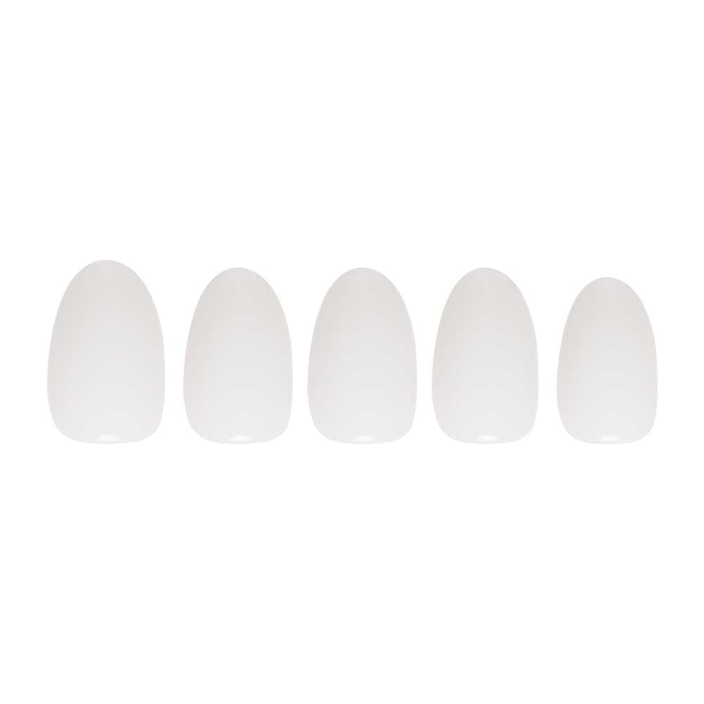 Five glossy, plain, white artificial nails from glamnetic’s White Swan set are arranged in a row on a white background—showcasing their elegant short oval shape.