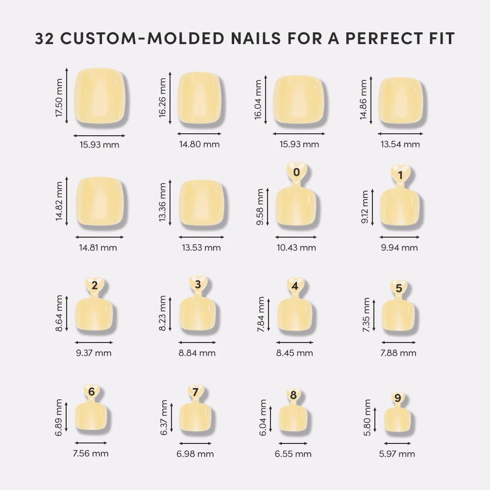 Illustration of 32 custom-molded nails with measurements on a white background