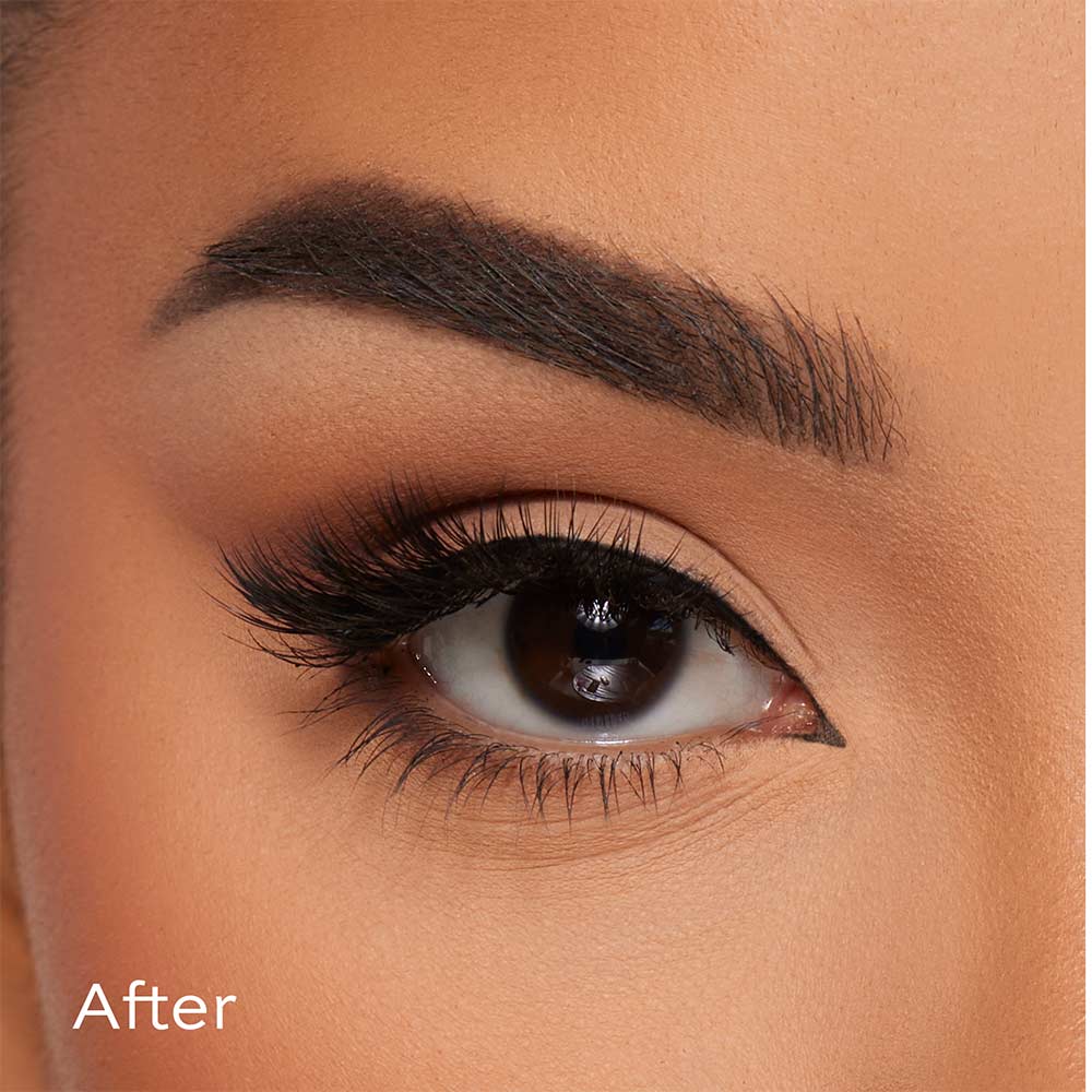 Close-up of a womans eye with well-defined eyebrow, dramatic eye makeup, black eyeliner, and long, voluminous glamnetic Babygirl vegan reusable lashes. After appears in the lower left corner.