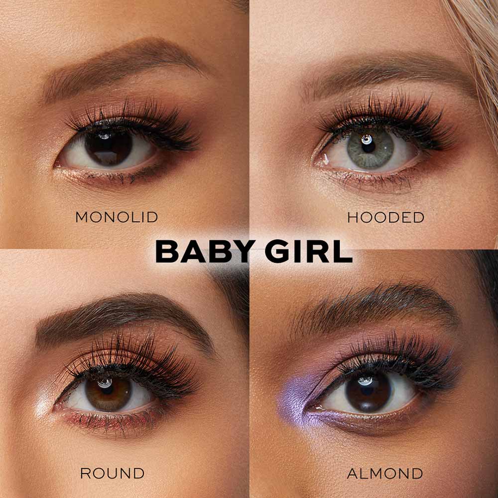 A grid of four close-up eyes—monolid, hooded, round, and almond—features glamnetic’s vegan Babygirl reusable lashes and bold makeup. “BABY GIRL” text appears in the center, celebrating every unique eye shape with this lash style.